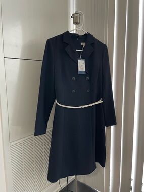 Riccio Navy Double-Breasted Long Sleeve Dress with White Belt